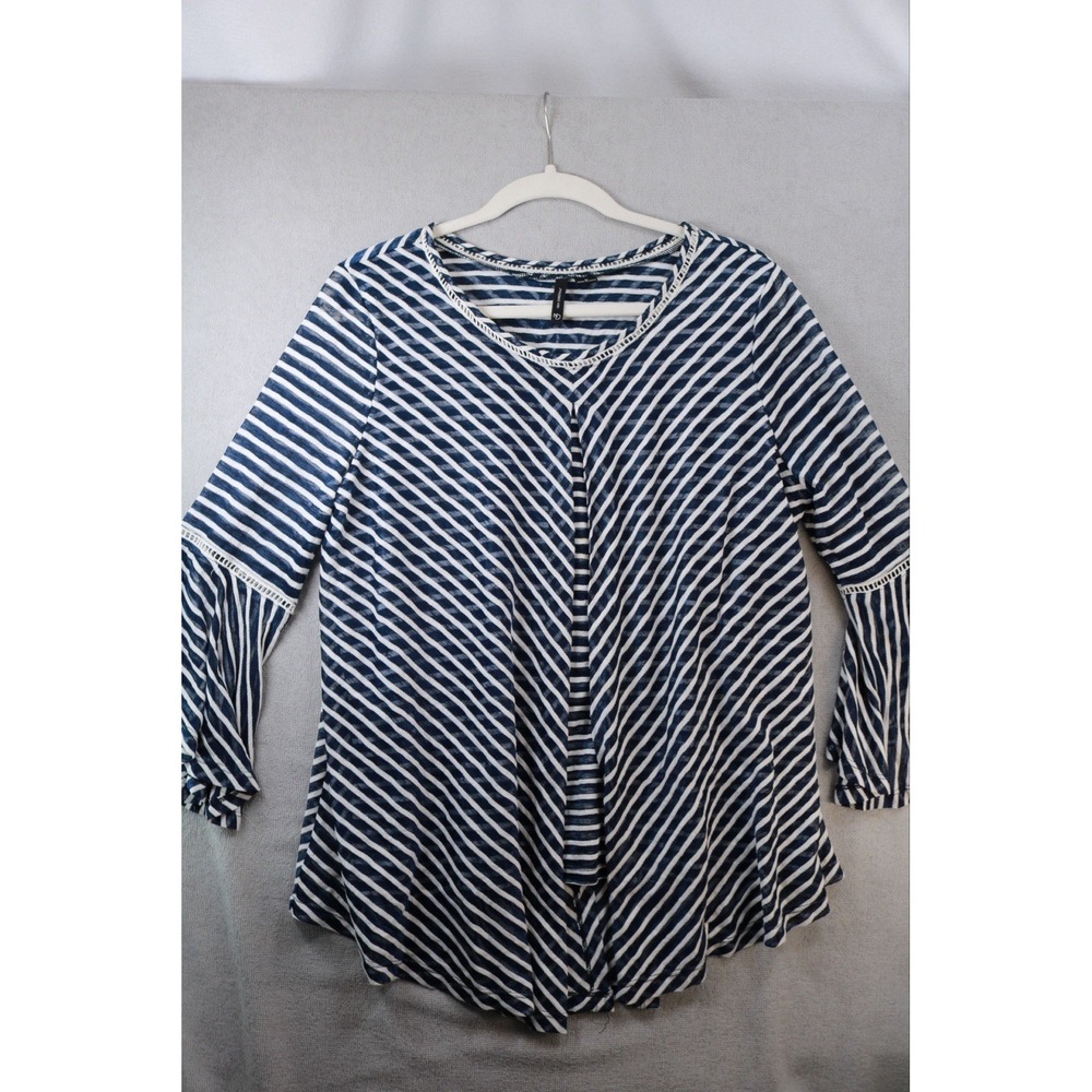 New Directions Blouse Women M Blue White Striped Bell Sleeve Top